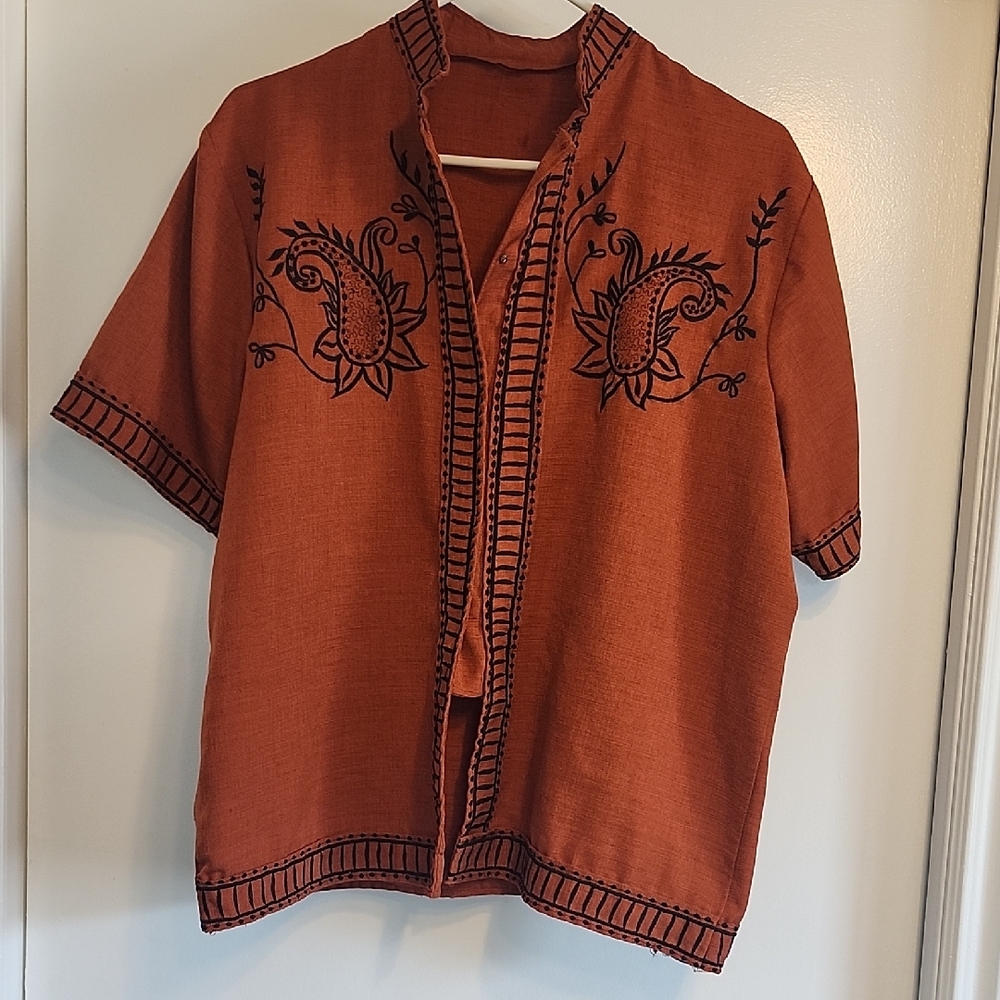 Rust Embroidered Ethnic Short Sleeve Shirt